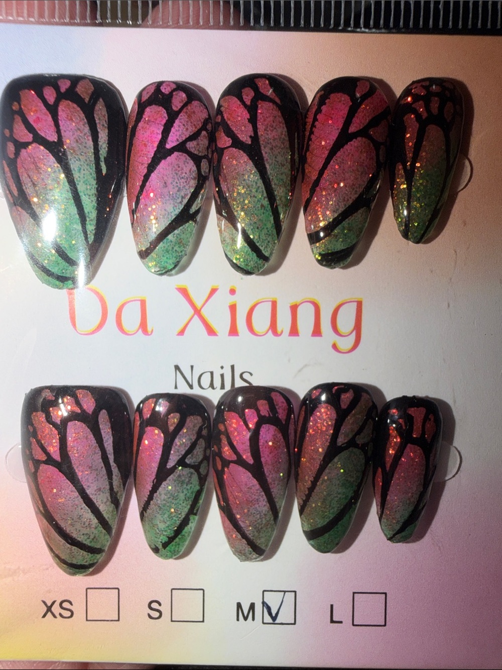 Press-On Nails with Pink & Green Glitter Butterfly Design